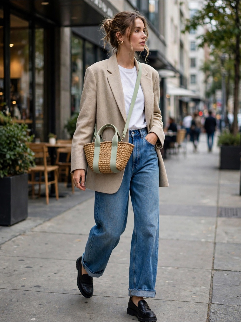 Zara Natural Straw Tote with Sage Green Straps